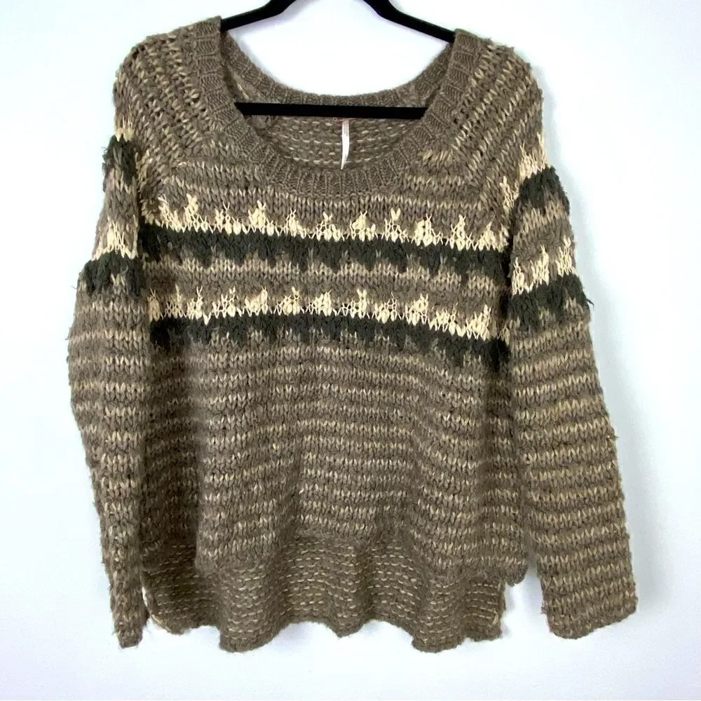Free People Chunky Sweater Tan Brown Earthy Hi-lo Hem Women’s Size S Southwest - Picture 1 of 13